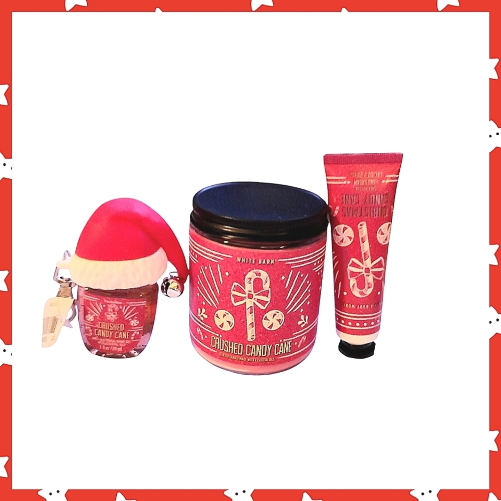 CRUSHED CANDY CANE CANDLE, HAND CREAM, & HAND SANITIZER WITH SANTA HAT HOLDER